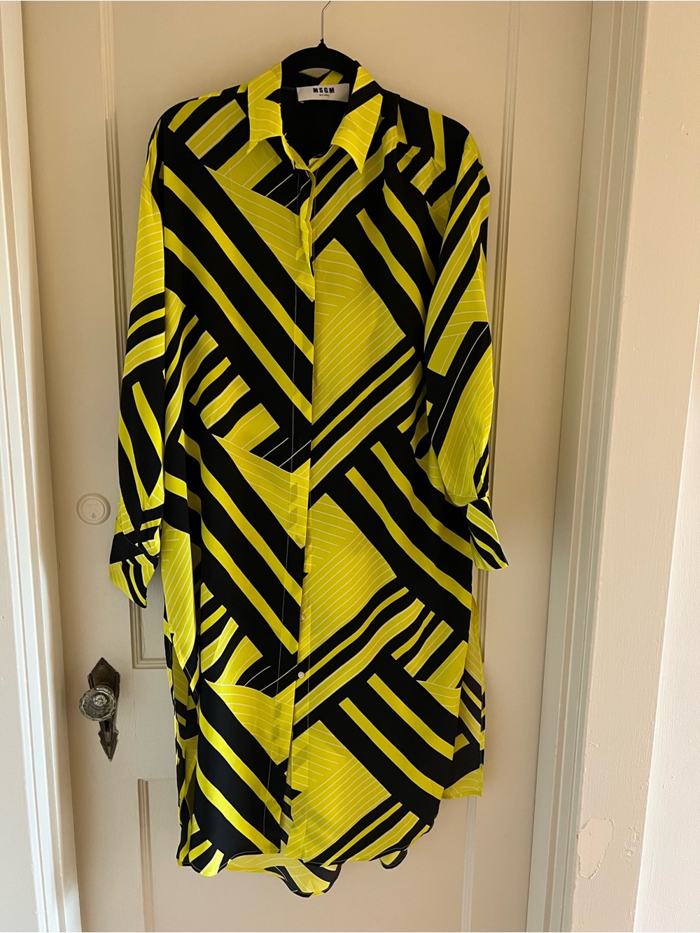 MSGM Neon Yellow and Black Geometric Long-Sleeve Shirt Dress
